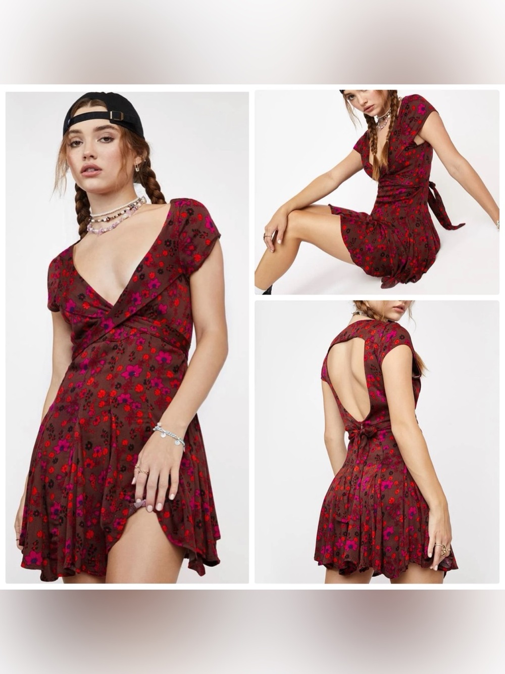 Free People it takes two cap sleeve open back pleated wrap mini plum 
combo XS